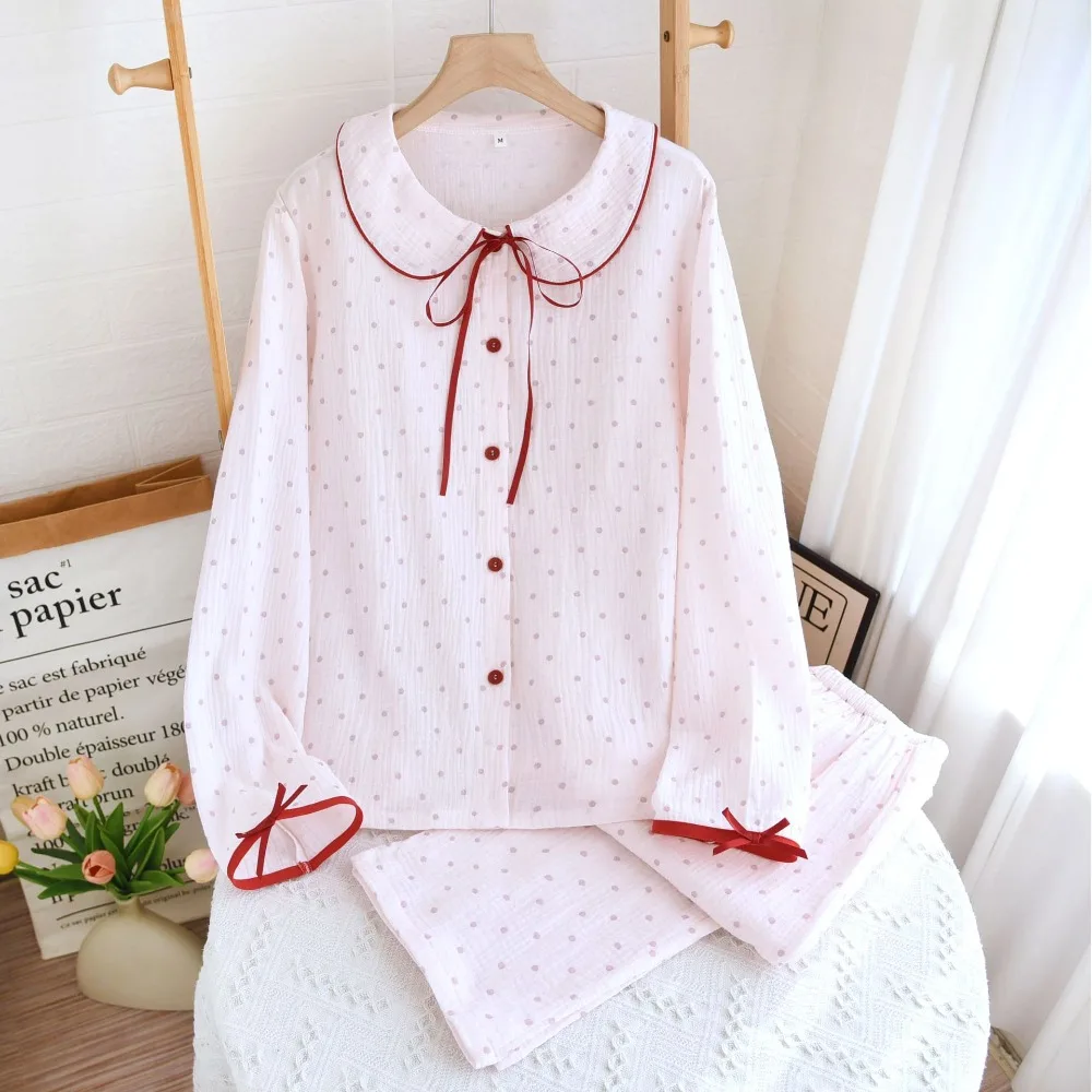 

Wholesale & Retail New Sweet Pajamas Women's 100% Cotton Gauze Doll Collar Thin Crepe Long-sleeved Trousers Cute Loungewear Set