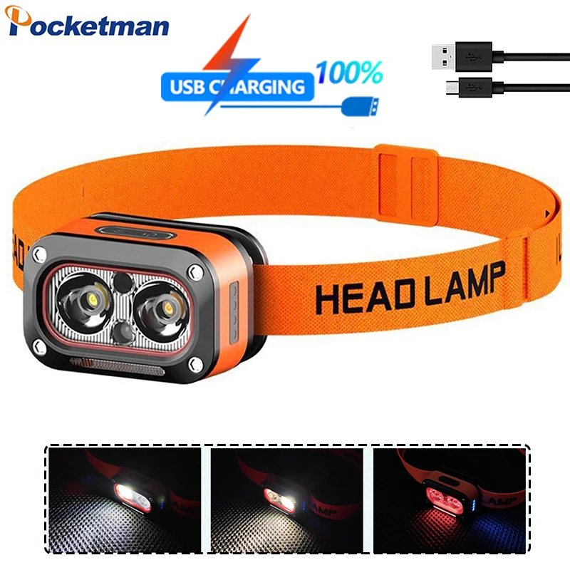LED Three Light Source Induction Headlight Type-C USB Rechargeable Headlamp IR Motion Sensor Head Lamp Powerful Head Flashlight
