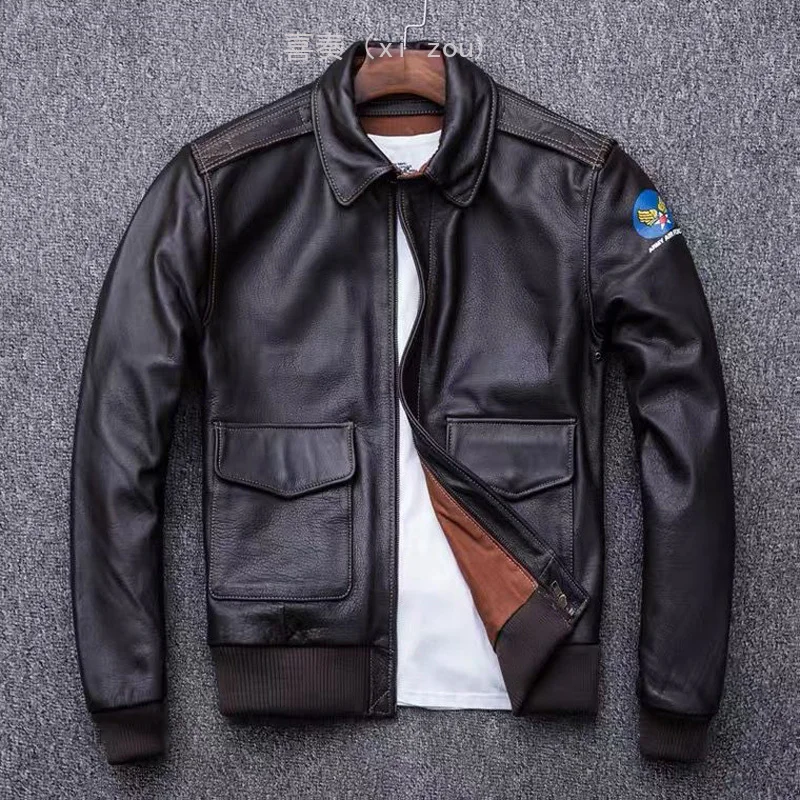 2025 models, hot-selling leather flight suit, first-layer cowhide leather jacket, men's short baseball jersey lapel jacket