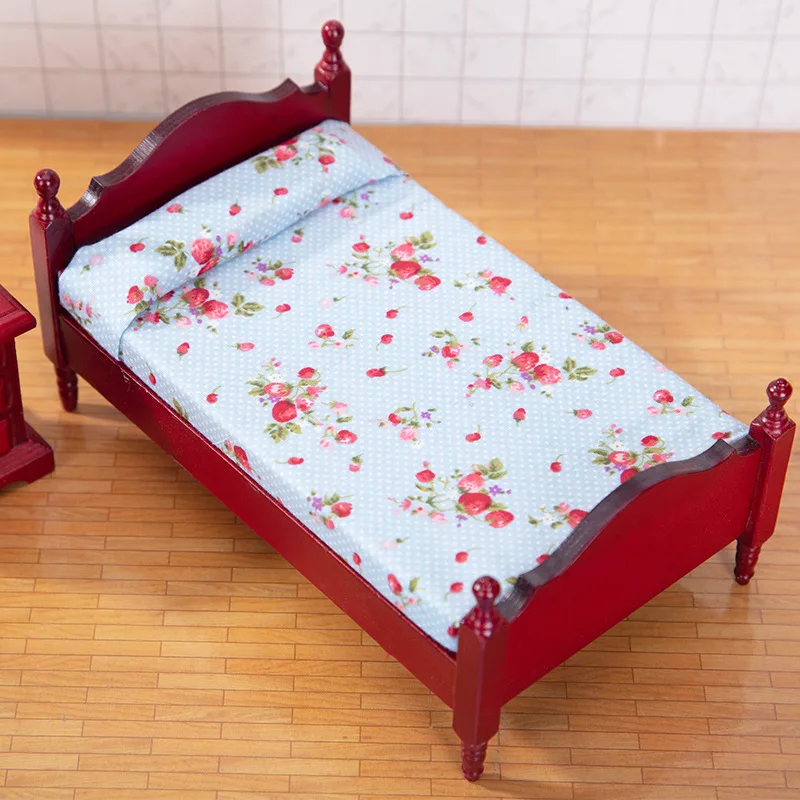 

1:12 Dollhouse Accessories Mini Simulation Furniture Pocket Single Bed Bedroom Floral Flower Cloth Vintage Bed Scene Props
