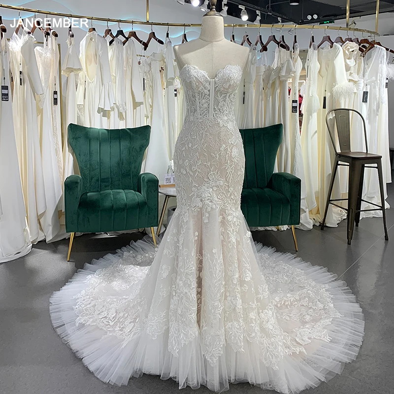 

Jancember Shiny Strapless 2024 Wedding Dress For Bride Elegant Lace Mermaid Bridal Gown Zipper vestido de novias 2024 LSSG065