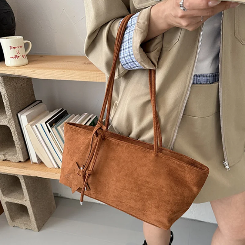 Vintage Suede Leopard Print Tote Bag With Star Pendant Shoulder Bag Women Trendy Long Handbag Casual Daily Zipper Shopping Bag