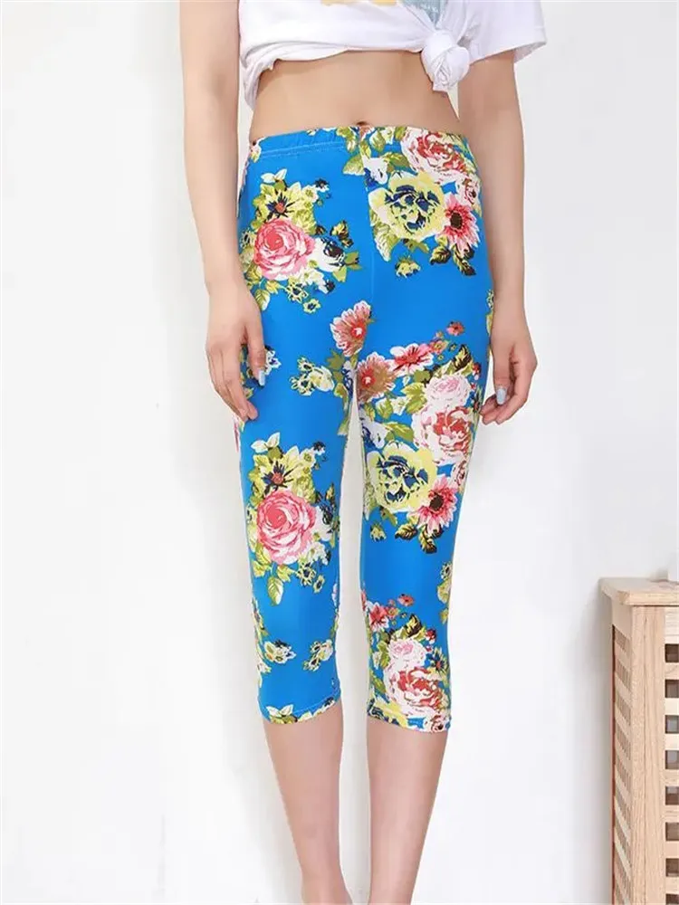 YRRETY-Leggings Capri College pour femmes, taille haute, fleurs, fitness, sport, course à pied, mode, exercice, mi-mollet, sport, court, été