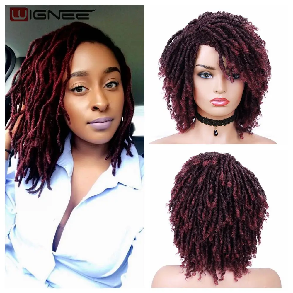 Wignee Short Burgundy Synthetic Wigs For Black Women Faux locs Afro African Hairstyle Braided Wigs Crochet Twist Fiber Hair Wigs