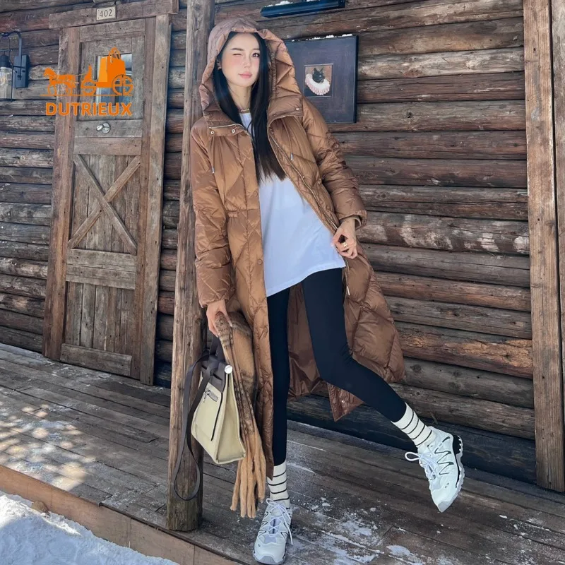 New Down Jacket for Women, Simple and Elegant Winter Hooded Long Drawstring Waist Grey Goose Down Jacket Warm Loose Version Coat