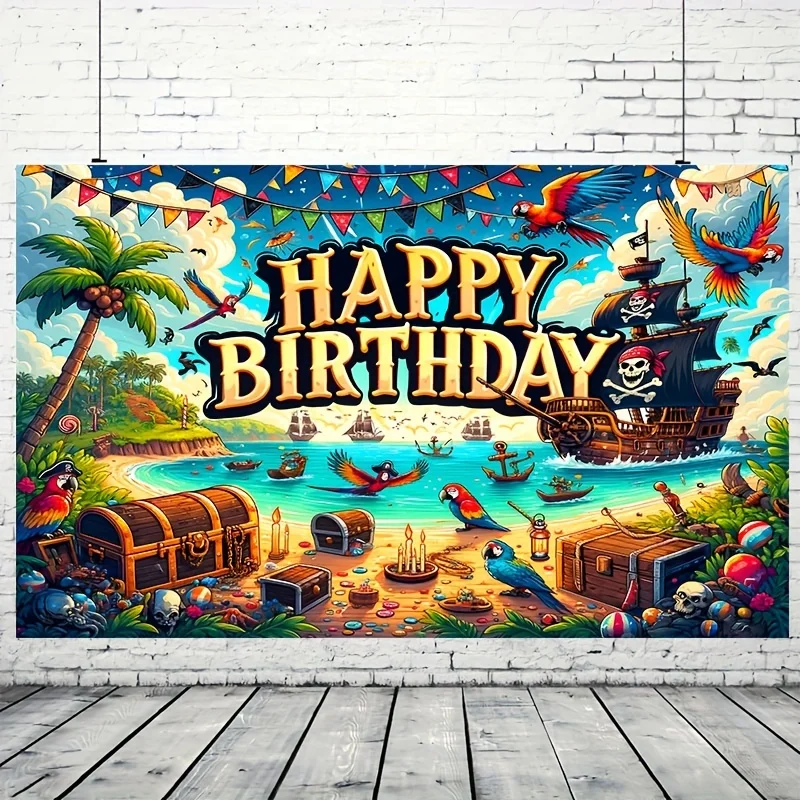 Pirate Ship Treasure Background Cloth Banner Boy Girl Happy Birthday Children Party Baby Shower Holiday Photoshoot Decoration