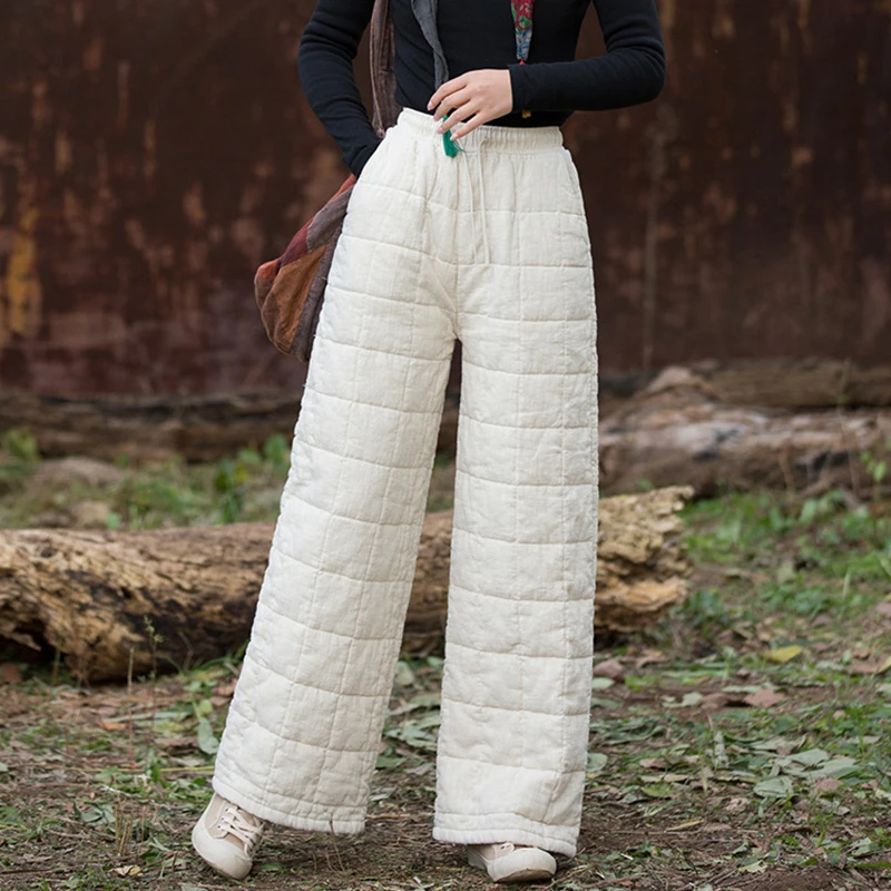 High Quality Cotton Linen Quilted Pants Women New 2025 Winter Vintage Style Solid Color Female Thick Warm Casual Pants M2071