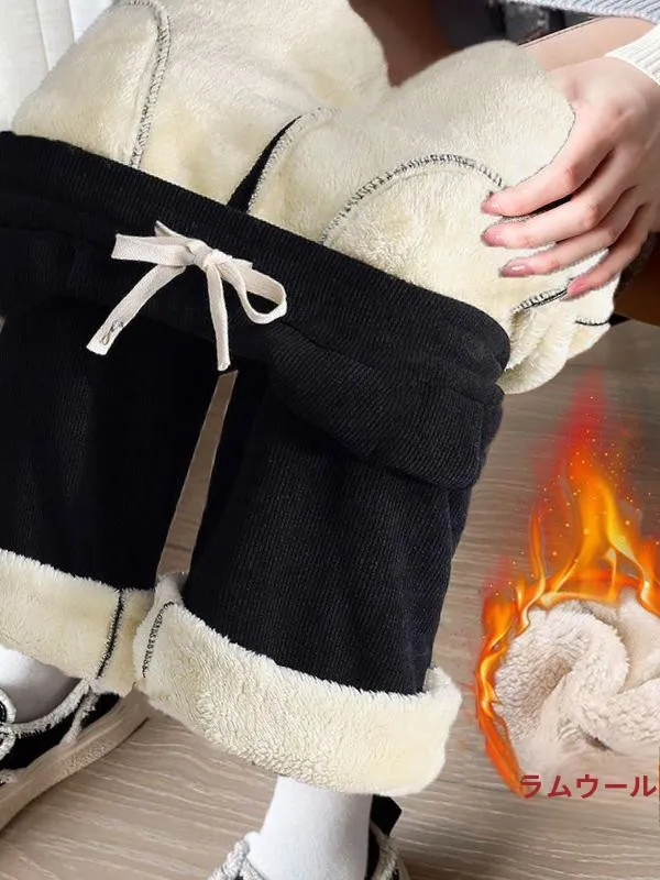 フリース裏地付きコーデュロイワイドレッグパンツ女性の秋冬厚みのあるカジュアルスタイル暖かいラムベルベットストレートカットパンツ