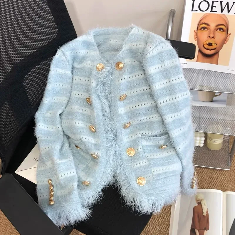 

Heavy Industry Tassel Plush Knitted Coat Female Autumn 2022 New Long Sleeve Sweater Metal Button Cardigan