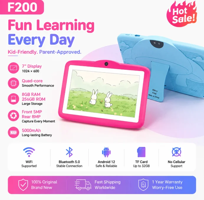 Fitbry F200 Kids Tablet 7 Inch IPS Screen Quad Core Android 12 8GB RAM 256GB ROM Educational Tablet PC For Children Learning