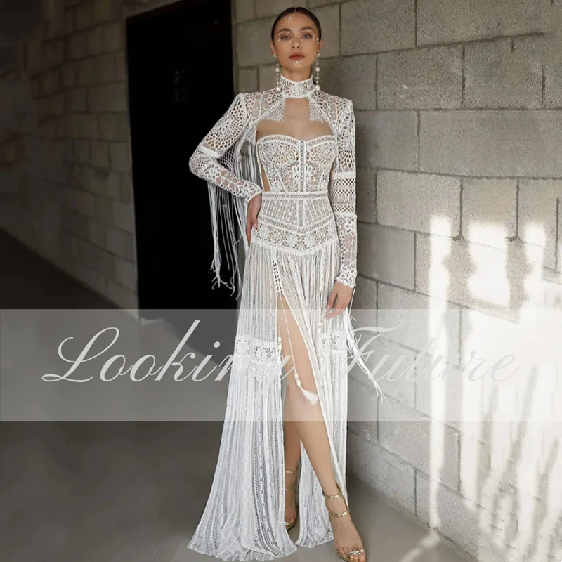 Boho Backless Wedding Dresses A-Line Long Sleeves Floor Length Robe De Mariee Sexy High Side Slit Beach Simple 2025 Customized