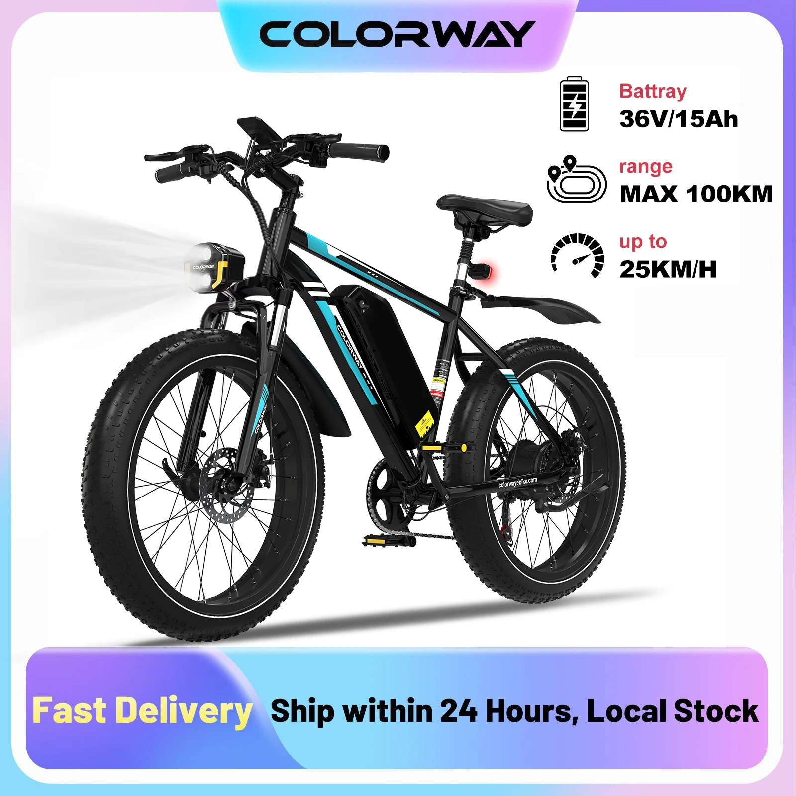 COLORWAY elektrische fiets voor volwassenen, 26 inch mountainbike, elektrische fiets voor woon-werkverkeer, e-bike met 36V 15Ah uitneembare batterij, LCD-display