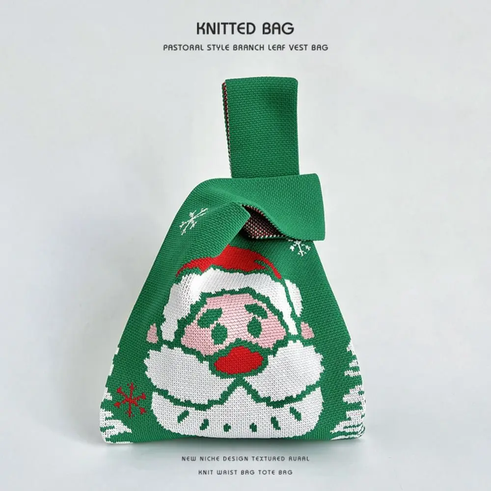 Cute Christmas Gift Knot Wrist Bag Santa Claus Wool Bucket Bag Christmas Knitted Bag Weave Candy Pouch Tote Bag Girl