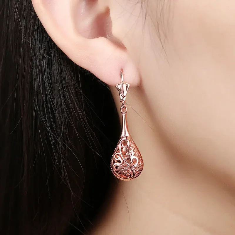 925 Sterling  or Rose Gold  Filigree Lute Teardrop Lever Back Drop Dangle Earrings for Women Wedding Bridal Jewelry Gifts