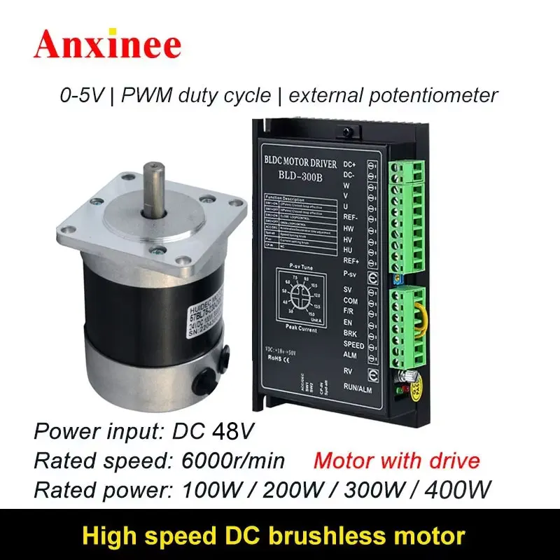 Anxinee High Speed 57BL 48V 100W 200W 300W 400W DC Brushless Speed Controlled Motor 6000rpm With Driver Kit