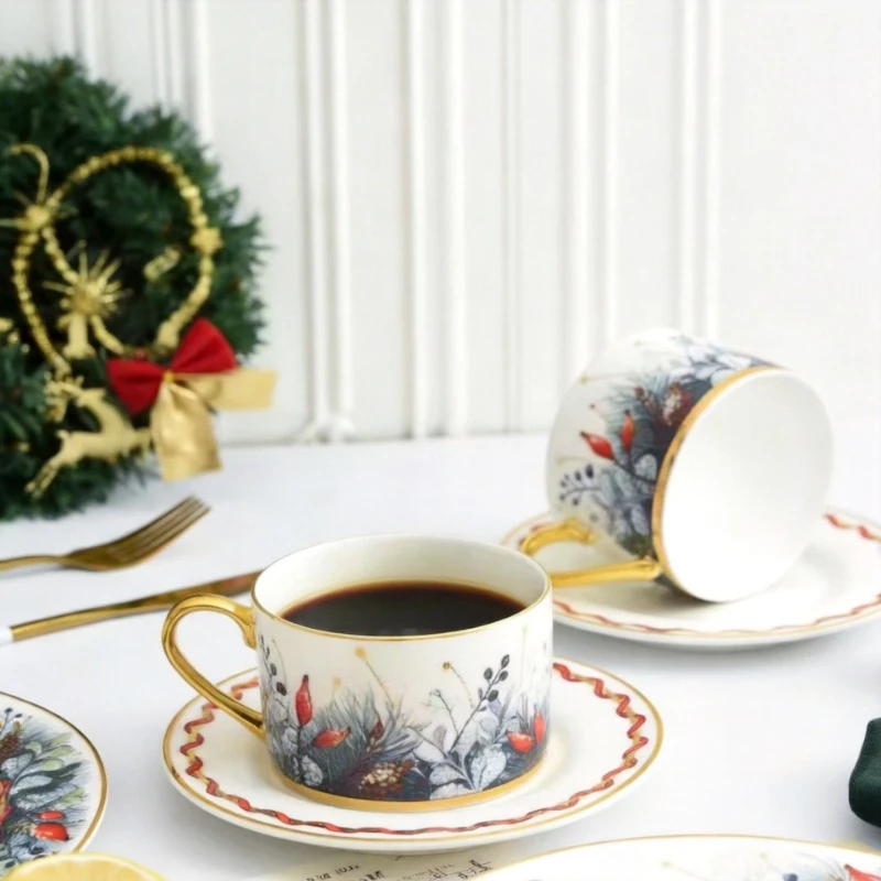 Christmas And New Year Bone China Gold-Plated Coffee Cup And Saucer Set Luxurious Gold Wedding And Housewarming Gift