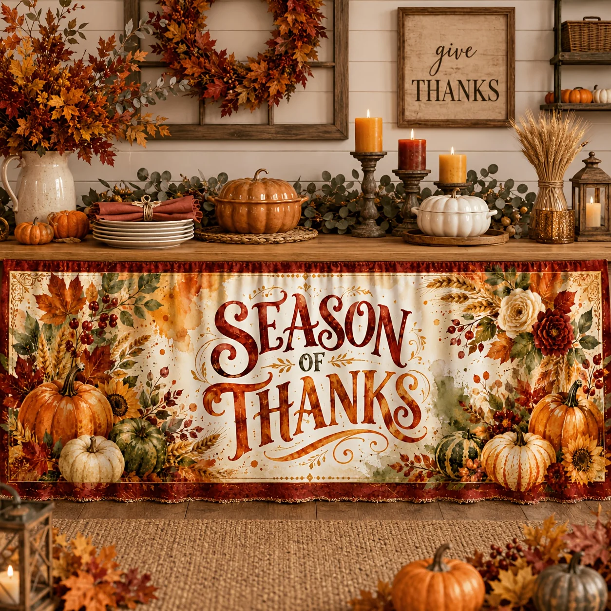 Send a set of table skirts (1 piece) featuring autumn pumpkin prints in polyester fabric.zyc