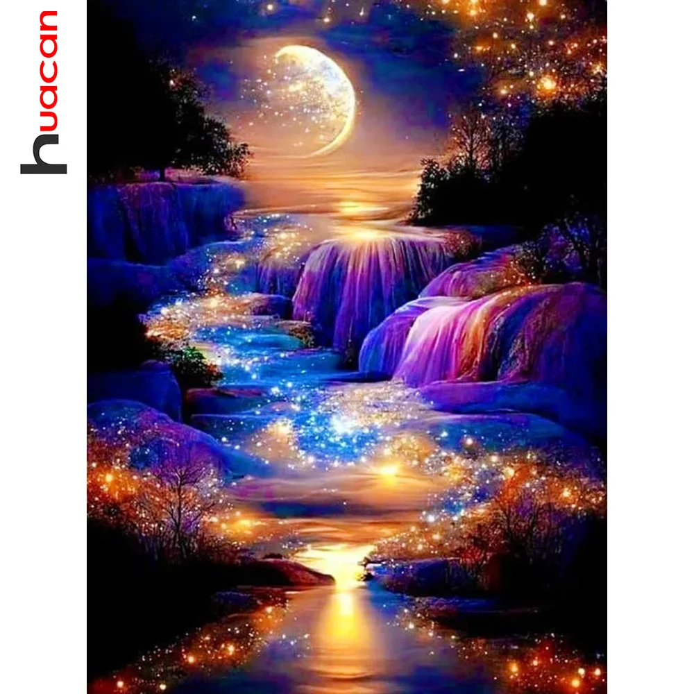 Huacan DIY Diamond Painting Landscape Waterfall Full Diamond Mosaic Moon Wall Art Decoration Handmade Gift Craft Kit