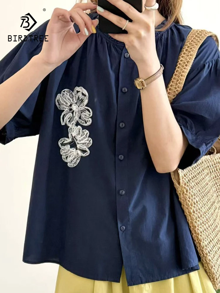 

New 2026 Summer Women Cotton Short Sleeve Shirt, Stand 3D Floral Embroidery, Mori Girl Sweet Preppy Style Loose Blouse T64684CC
