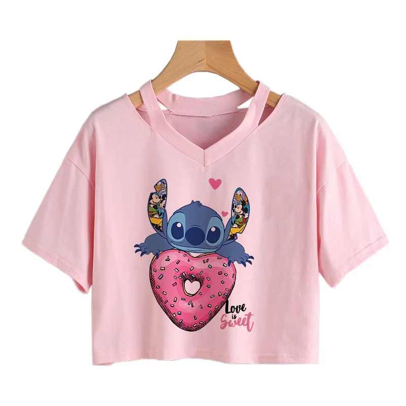 Y2k 90s Cropped Kawaii Stitch Funny Cartoon T Shirt Women Manga T-shirt Graphic Tshirt Streetwear Crop Top Tees Female Gothic