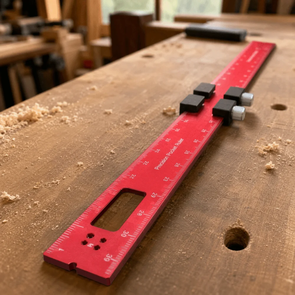 Anti-Slip Woodworking Scriber Gauge Slide Stop Inch and Metric Aluminum Alloy Ruler Red Measuring Marking Ruler For Carpenter