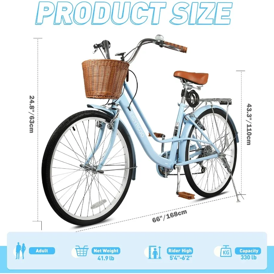 Vélo de plage pliant de 26 pouces pour femme avec système d'engrenage à 7 vitesses, comprend un panier de rangement et un support arrière, idéal pour les commandes urbaines