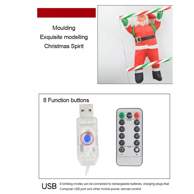 LED USB التوصيل أضواء عيد الميلاد عيد الميلاد ضوء سلم الزخرفية مع سانتا كلوز 8 أوضاع وامضة لديكور نافذة جدار عطلة