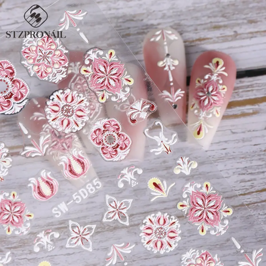 5D Moroccan Tiles Embossed Nail Stickers Pink Blue Mandala Flower Lace Daisy Engraved Manicure Tips Design Decoration SLSW-5D