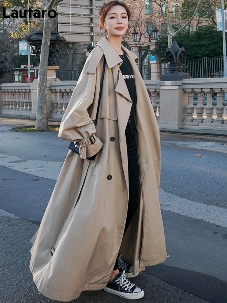 Lautaro Spring Autumn Extra Long Flowy Oversized Casual Trench Coat for Women Belt Double Breasted Loose Korean Fashion 2022