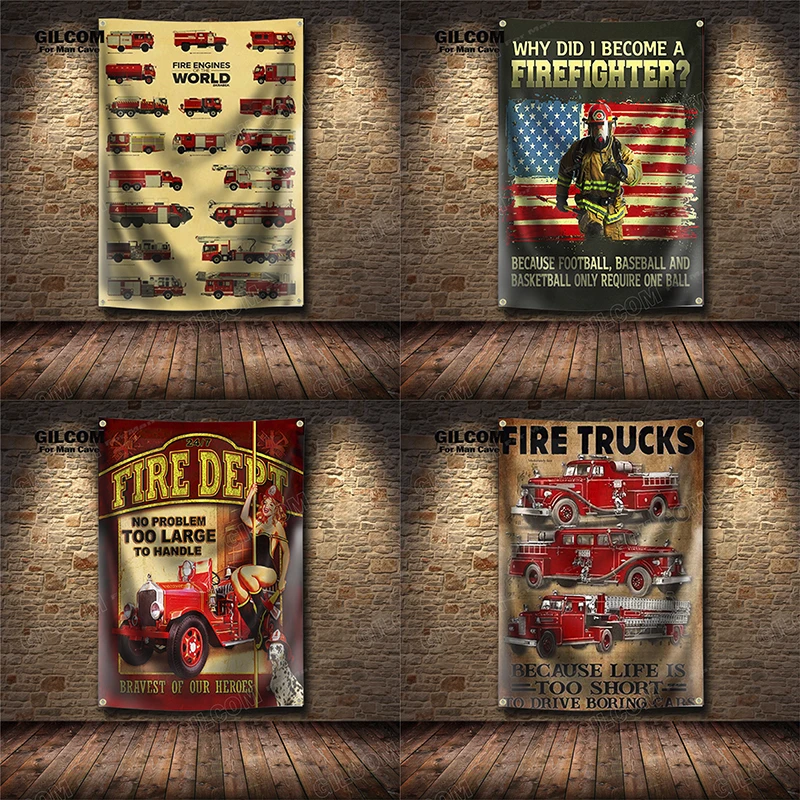 Firefight Banner Flag Fire Engines World Trucks Volunteer Decor Poster Wall Art Vintage Sign Motor Car Man Cave Pub Club Bar