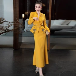 ZJYT Autumn Winter Luxury Diamonds Blazer Long Mermaid Skirt Sets 2 Pieces Womens Outfit Elegant Party Suits Yellow Dress Set