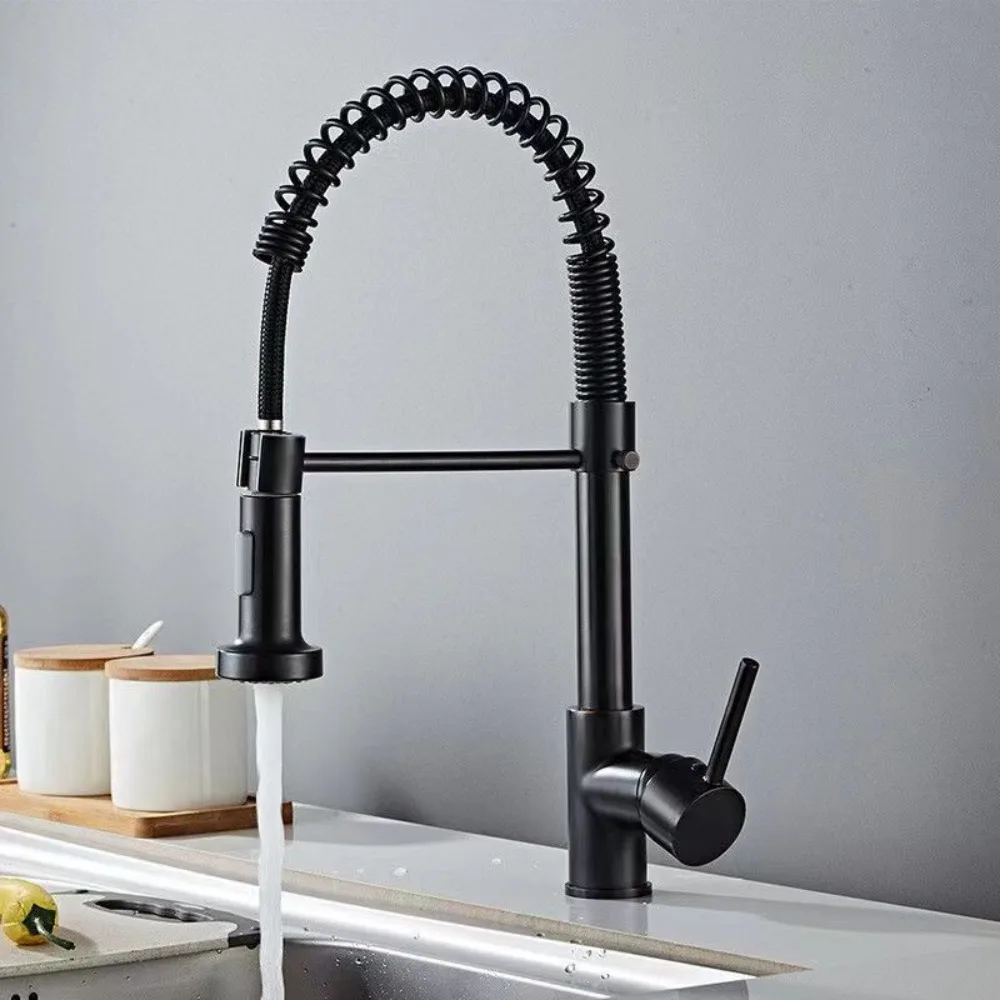 

Матовый черный выдвижной кухонный смеситель, хромированный двойной режим, насадка, смеситель для горячей и холодной воды, кран, латунные пружинные смесители для кухонной мойки