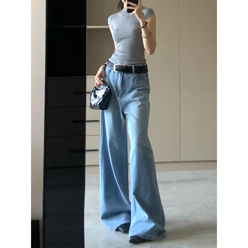 Lengthening Light Blue Wide-leg Jeans Women's Vertical Straight Mop Pants