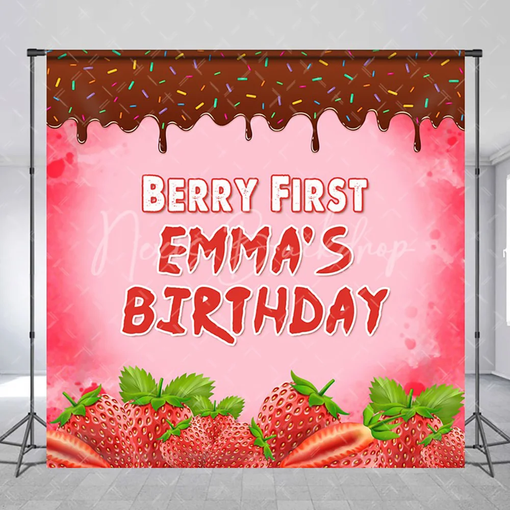 

Custom Name Berry Strawberry 1st Birthday Backdrop for Girl, Sweet Fruit Photography Background Studio Wall Decoration