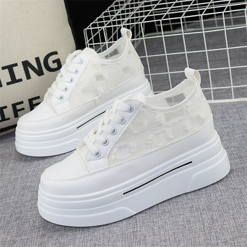 2024 Summer New Mesh Breathable Inner Heightened 8cm Thick-soled Muffin Shoes Casual Sports Shoes Canvas Women Shoes Sneaker