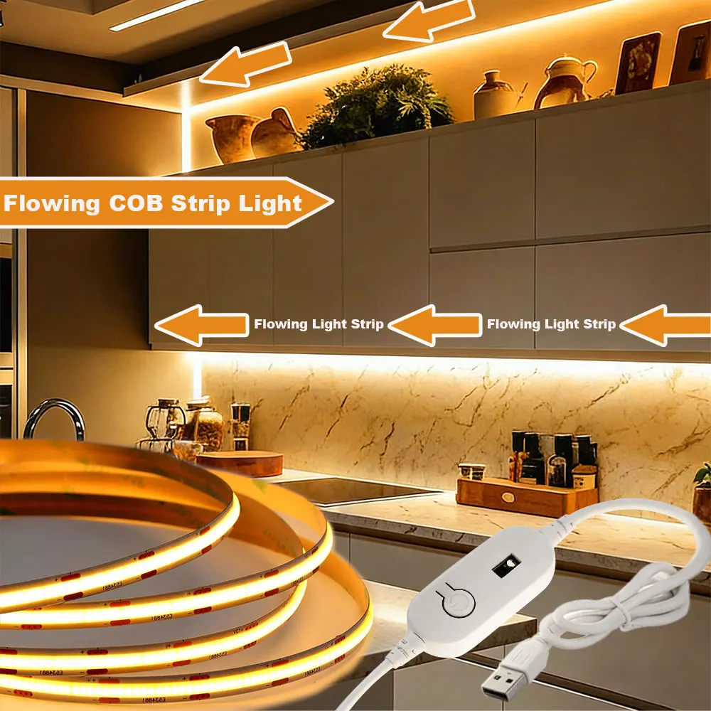 5V USB COB Flowing Light Hand Sweep COB LED Strip Light Effect Warm White/White Flexible LED Tape for Bedroom Wall Cabinet