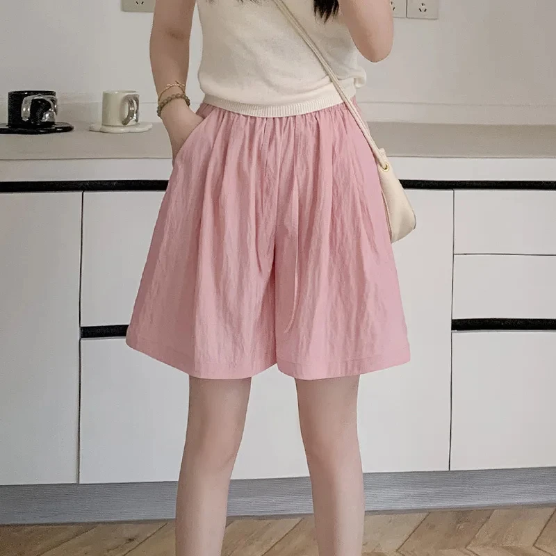 Moda coreana calças sólidas verão solto emagrecimento casual cinco quartos calças simples cintura alta drapeado plissado calças de perna larga