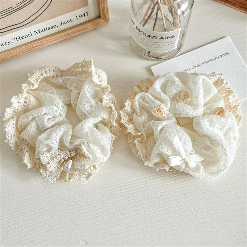 Women French Lace Pearl Rose Flower Elastics Hair Band Cream White Scrunchies Hair Ties Lady Ponytail Holder Hair Accessories