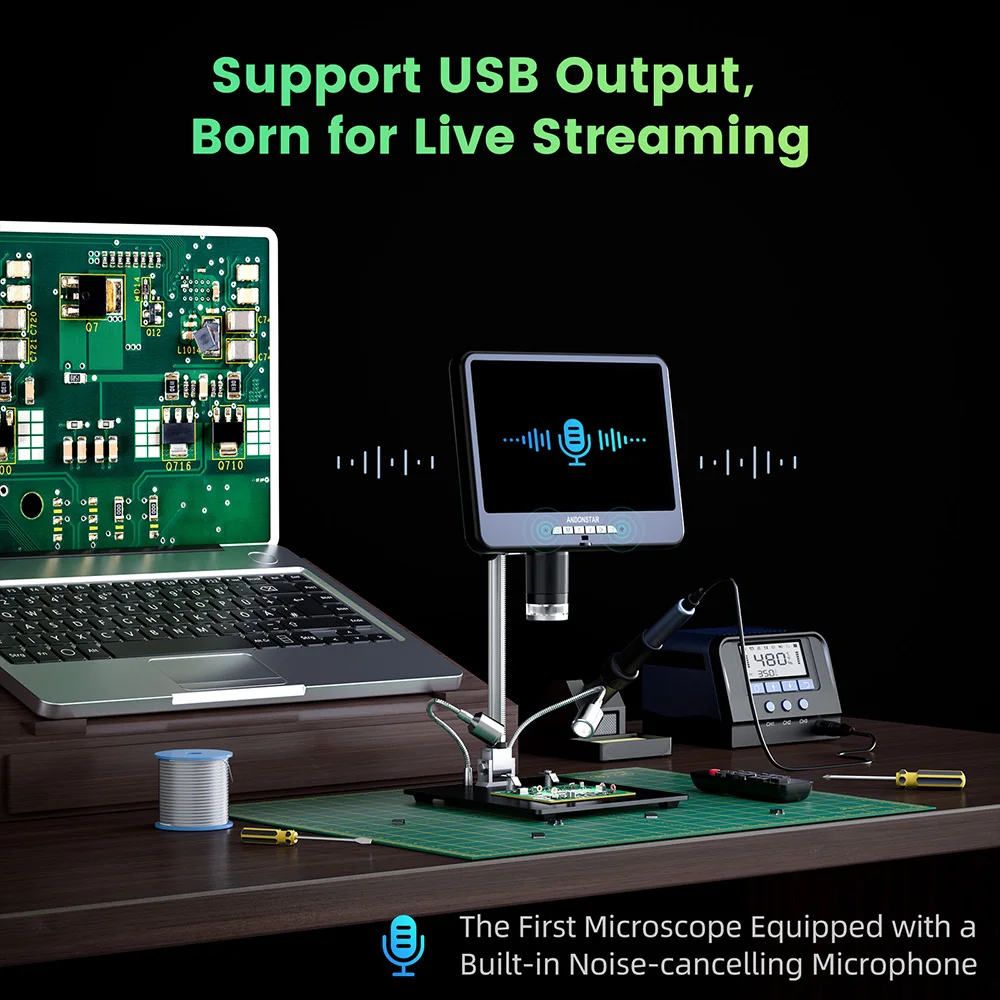 Andonstar AD210S Digital Soldering Microscope 10.1 inch HDMI Microscopes 64MP PCB Repair Dual Screen 4K 60FPS UHD Video Record