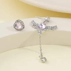 Charm Fashion Pink Heart Crystal Angel Wings Stud Earrings for Women Asymmetry Shiny Zircon Long Tassel Party Jewelry Girl Gift