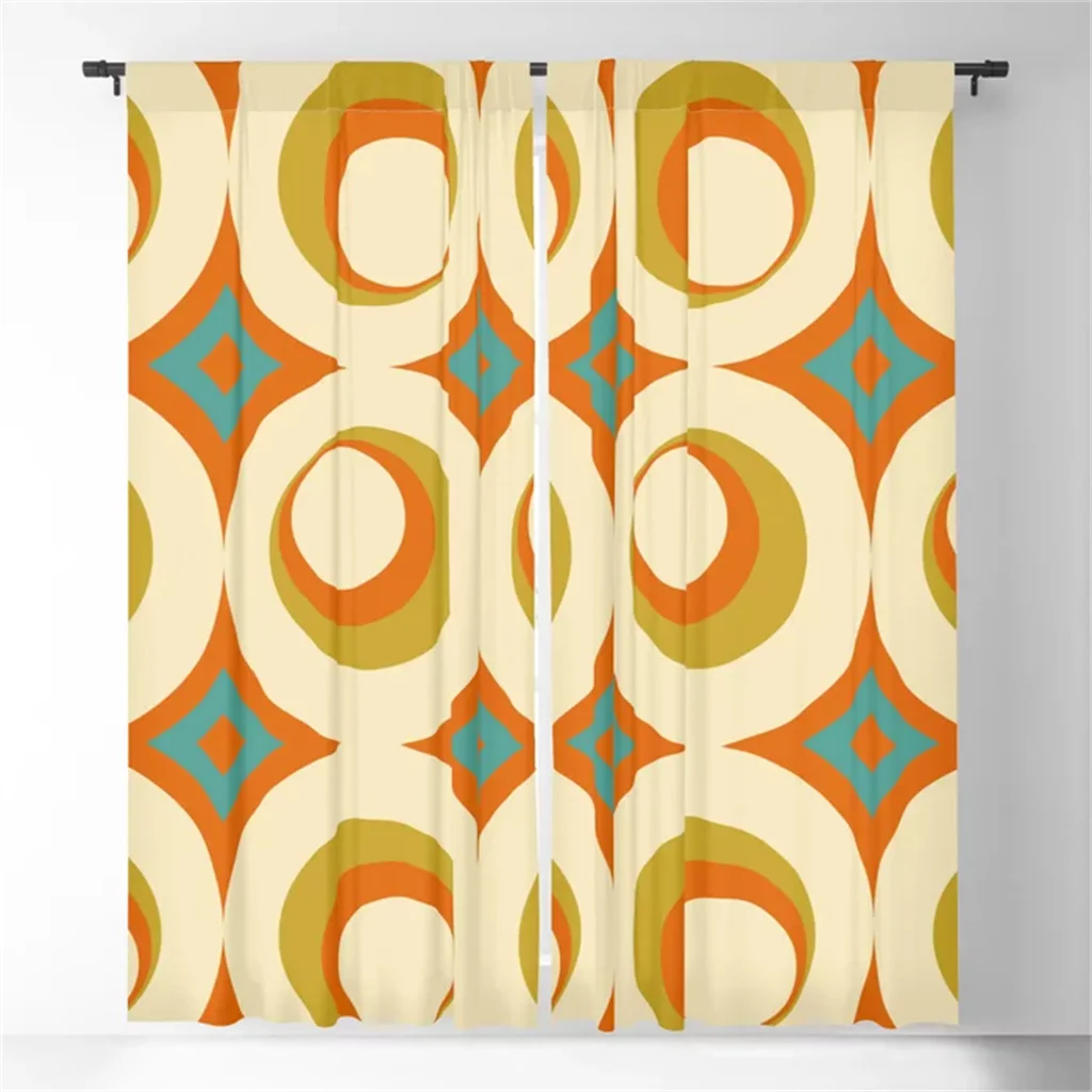 Orange Mid-Century Modern Circle Blackout Curtains 3D Print Window Curtains for Bedroom Living Room Decor Window Treatments