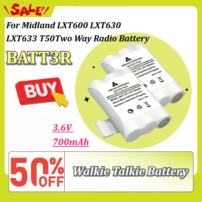 New 3.6V 700mAh High Capacity Ni-MH Replacement Two Way Radio Battery BATT3R for Midland LXT600 LXT630 LXT633 T50 Walkie Talkie