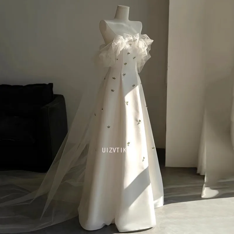 Semplici abiti da festa di nozze coreani per le donne Sweety al largo della spalla A-line Stain Abito da banchetto Abito da sera Vestido De Festa