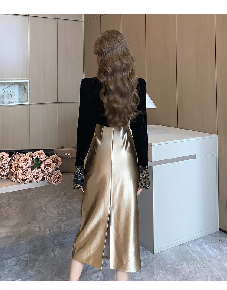 Spring Elegant Thick Satin Maxi Skirt Luxury Bright Silk-Imitated Straight Gold Skirts Women Office Lady Back Split Long Saias