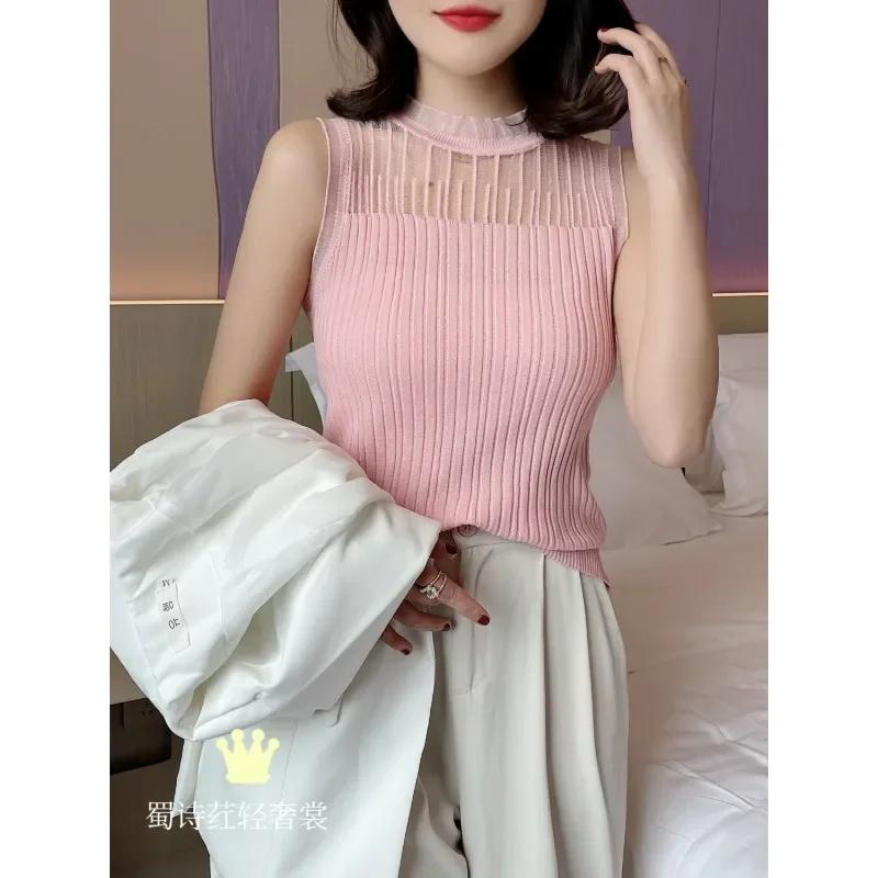 2024 Summer New Lace Temperament Sleeveless Knitted Suspender Sexy Solid Color Simple Niche Sweet Outfit Slim Fit Tank Top