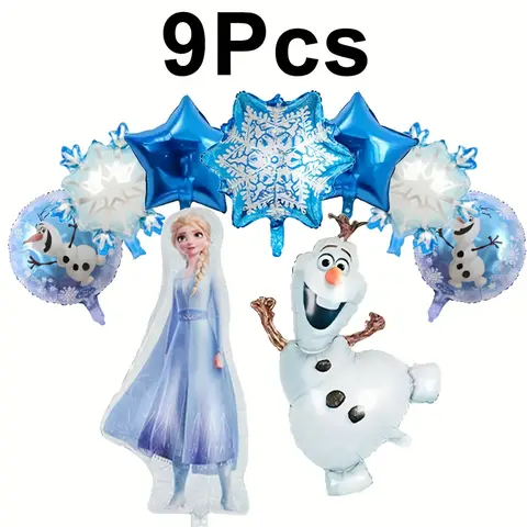 9 Uds. Globos de papel de aluminio con copos de nieve de Olaf y Elsa de dibujos animados para niños, decoraciones para fiesta de cumpleaños con tema de Frozen, suministros para regalos de Baby Shower