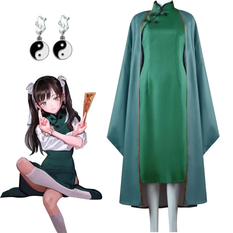 SN88 Anime Cosplay Costume Women Girls Ancient Customs Green Cheongsam The Republic of China Halloween Priest Role Play Wig Full