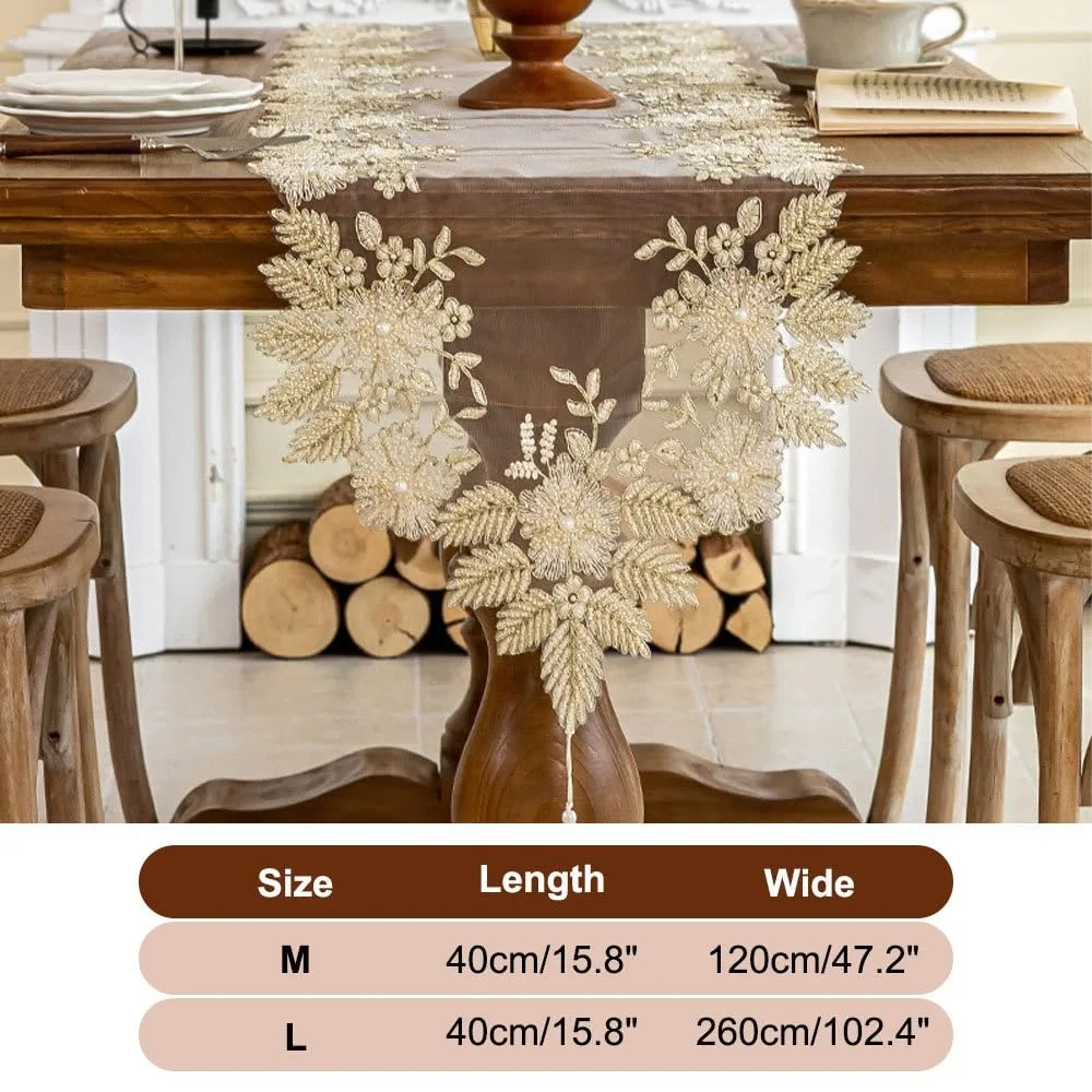 Lace Table Runner Dresser Scarf Bead Embroidery Detail Floral Plant Pattern Protects Furniture