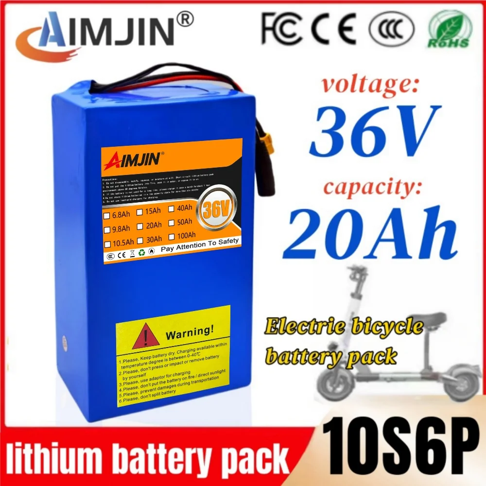 100% New 10S6P 36V 20000mAh High-capacity Rechargeable 18650 Li-ion Battery Built in BMS Suitable for Electric Scooter Battery.