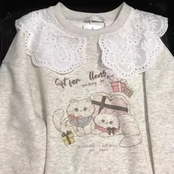 High Quality Winter Velvet Tops Lolita Sweet Doll Collar Gray Sweatshirt Cute Cat Print Y2K Clothes E-girl Oversize Kawaii Japan